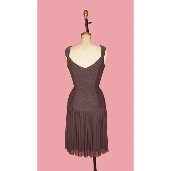 Y2K SUE WONG Chocolate Brown RUCHED Draped Floral Appliqué, Sequins, and Beads,